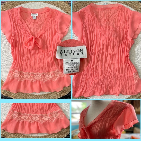 y2k Top Crinkle Chiffon Wrinkle Blouse Flutter Cap Sleeve Ruffles Lace - Picture 16 of 16